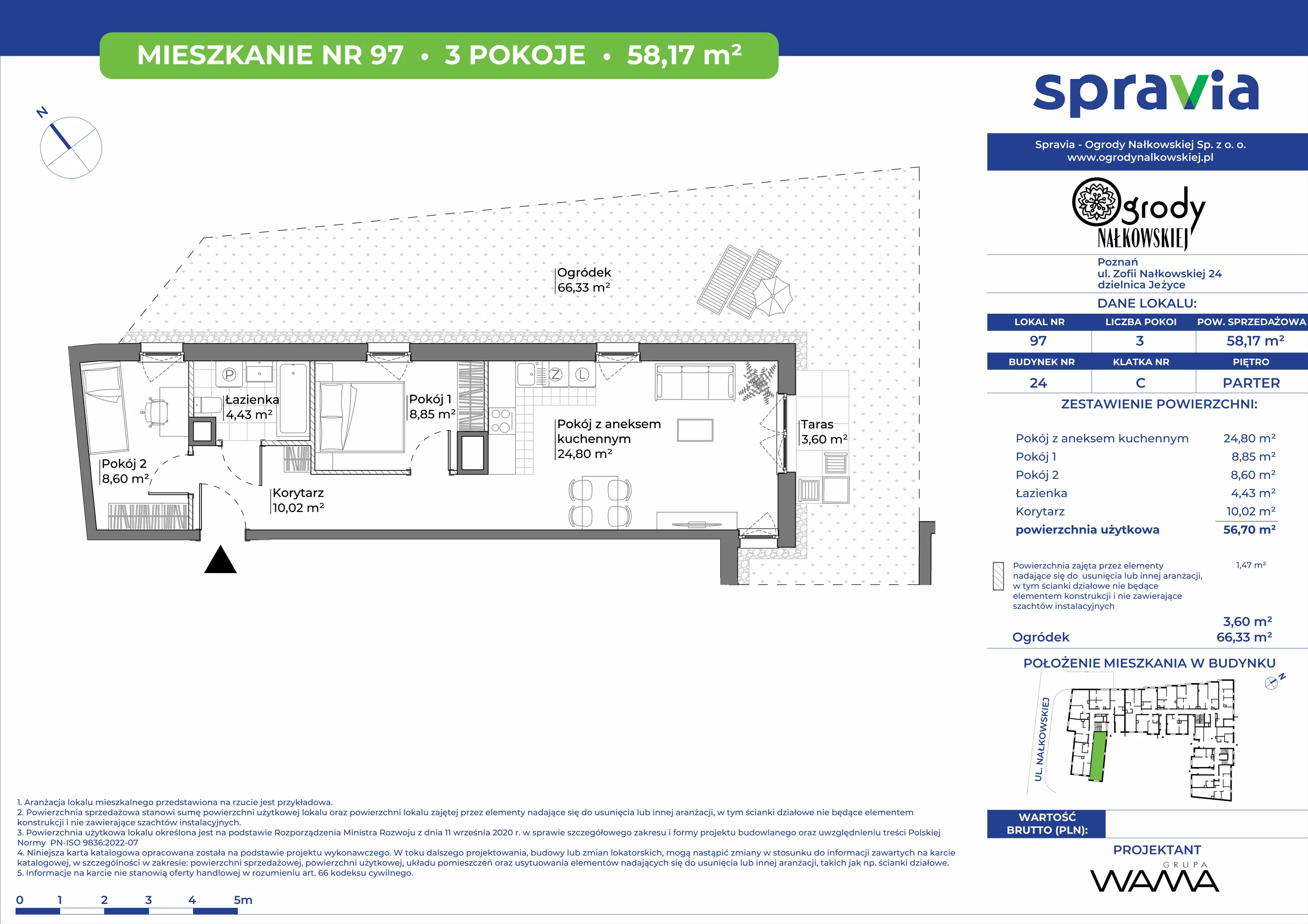 3 pokoje, mieszkanie 58,17 m², parter, oferta nr 24-97, Ogrody Nałkowskiej, Poznań, Ogrody, ul. Nałkowskiej 24, 26